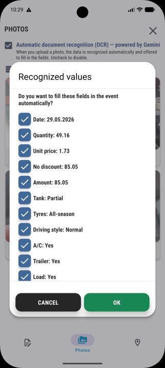Read from the receipt: date, quantity, unit price, amount